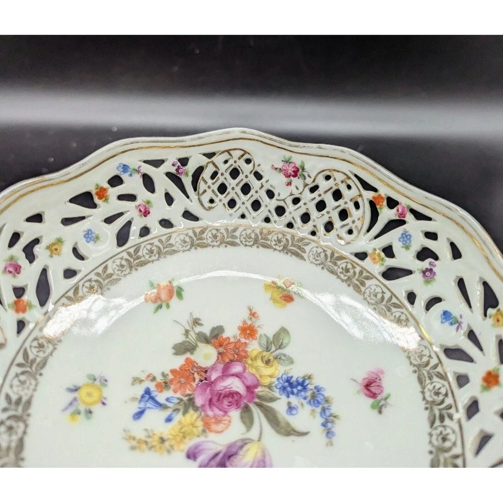 Schumann Dresden Hand Painted Round Floral Compote Pedestal Reticulated Bowl
